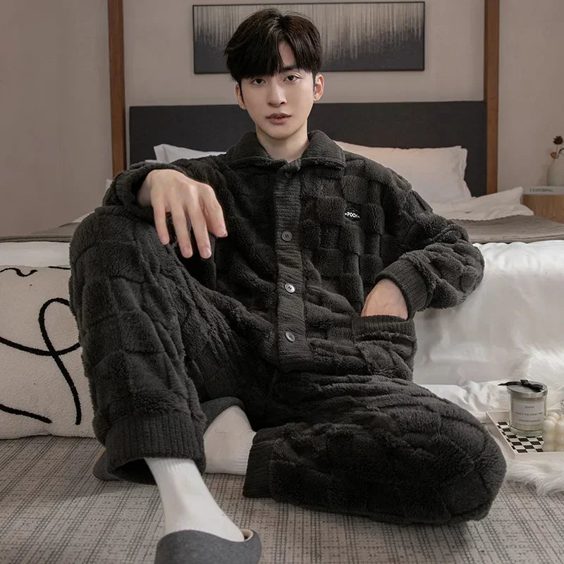 Men's Plush Button Front Shirt and Pants Pajama Set
