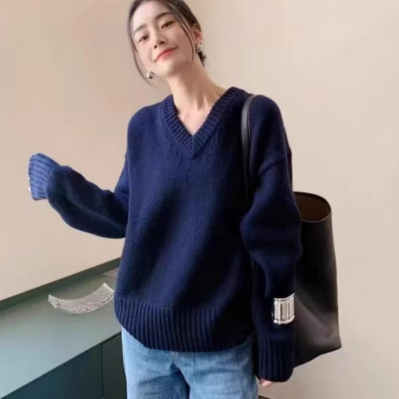 V-neck 100 pure wool sweater for women in autumn and winter, loose and thick sweater, long-sleeved knitted top