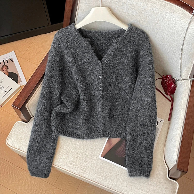 Women's Fluffy V Neck Zip Front Cardigan Casual Knit Layer