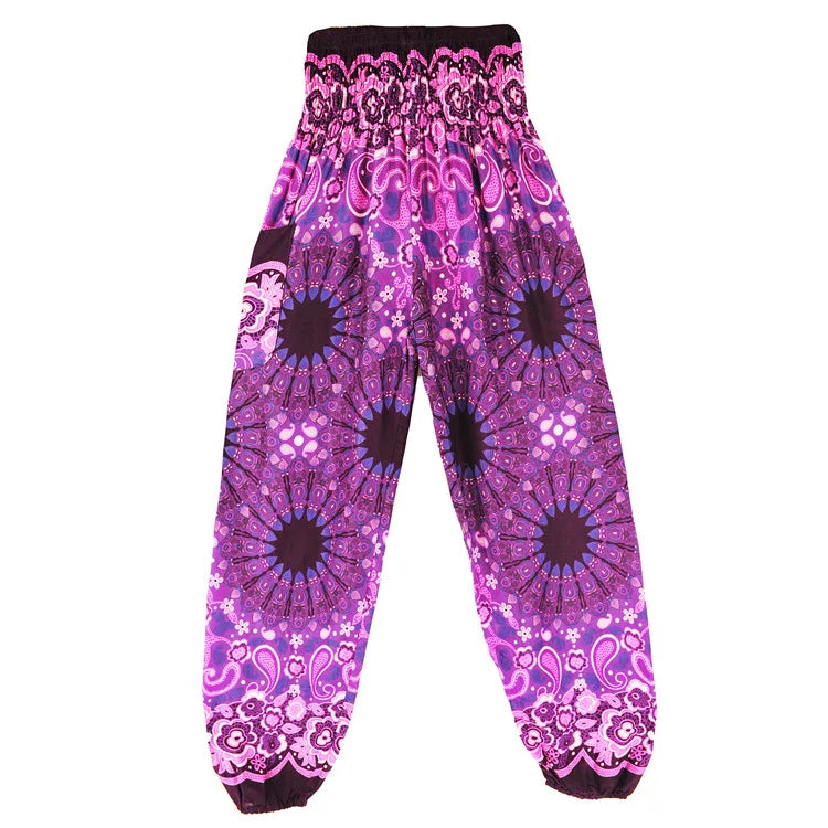 Women's Printed Nylon Harem Pants with Smocked Waist and Convertible Styling