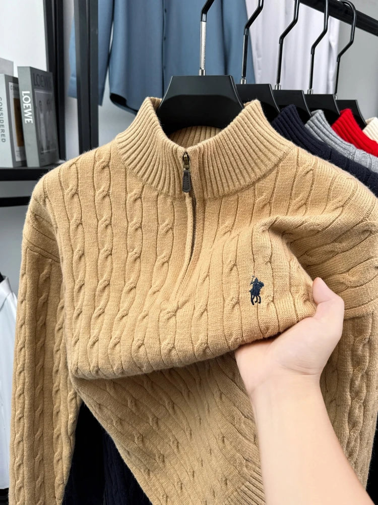 Men's Embroidered Cable Knit Quarter Zip Sweater