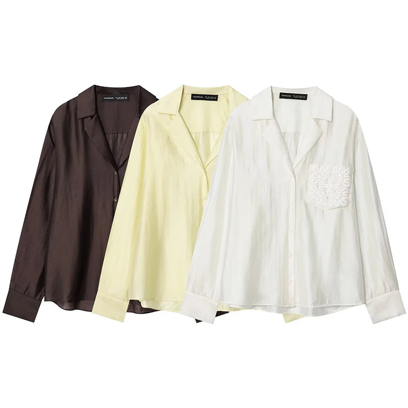 Women's Notched Collar Long Sleeve Pocket Shirt
