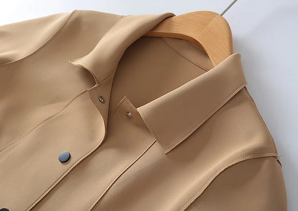 Simple French Fashion Light Luxury Windbreaker Mid Length Autumn Turn Down Collar Single Breasted Air Cotton Jackets Women