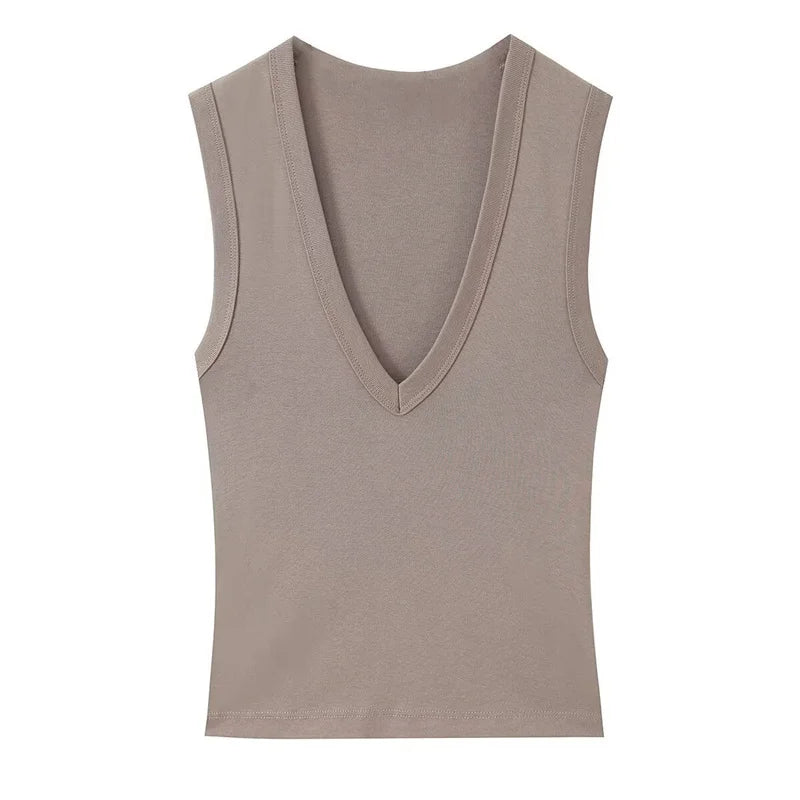Women's Deep V Neck Polyester Tank Top with Sleeveless Fitted Cut