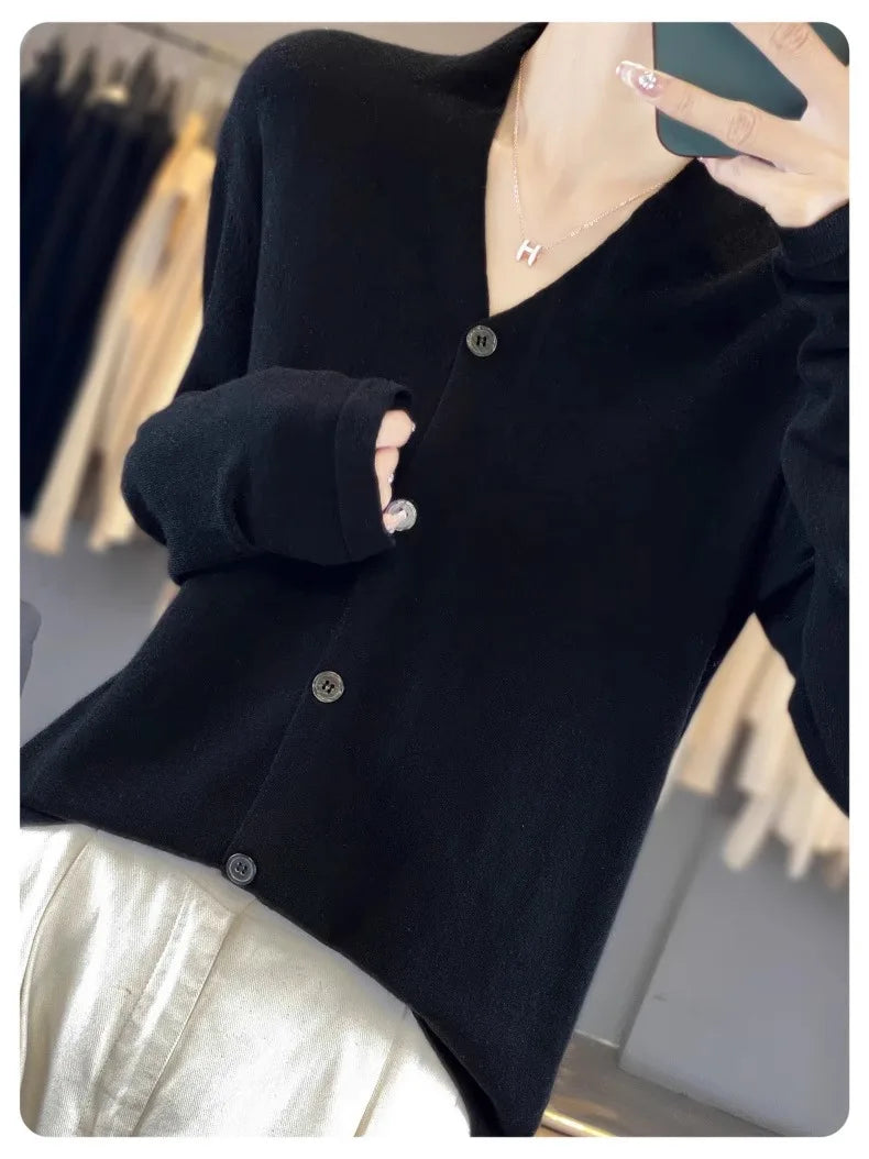 Light luxury retro style! V-neck pure cashmere knit cardigan women's autumn and winter loose wool top bottom sweater coat