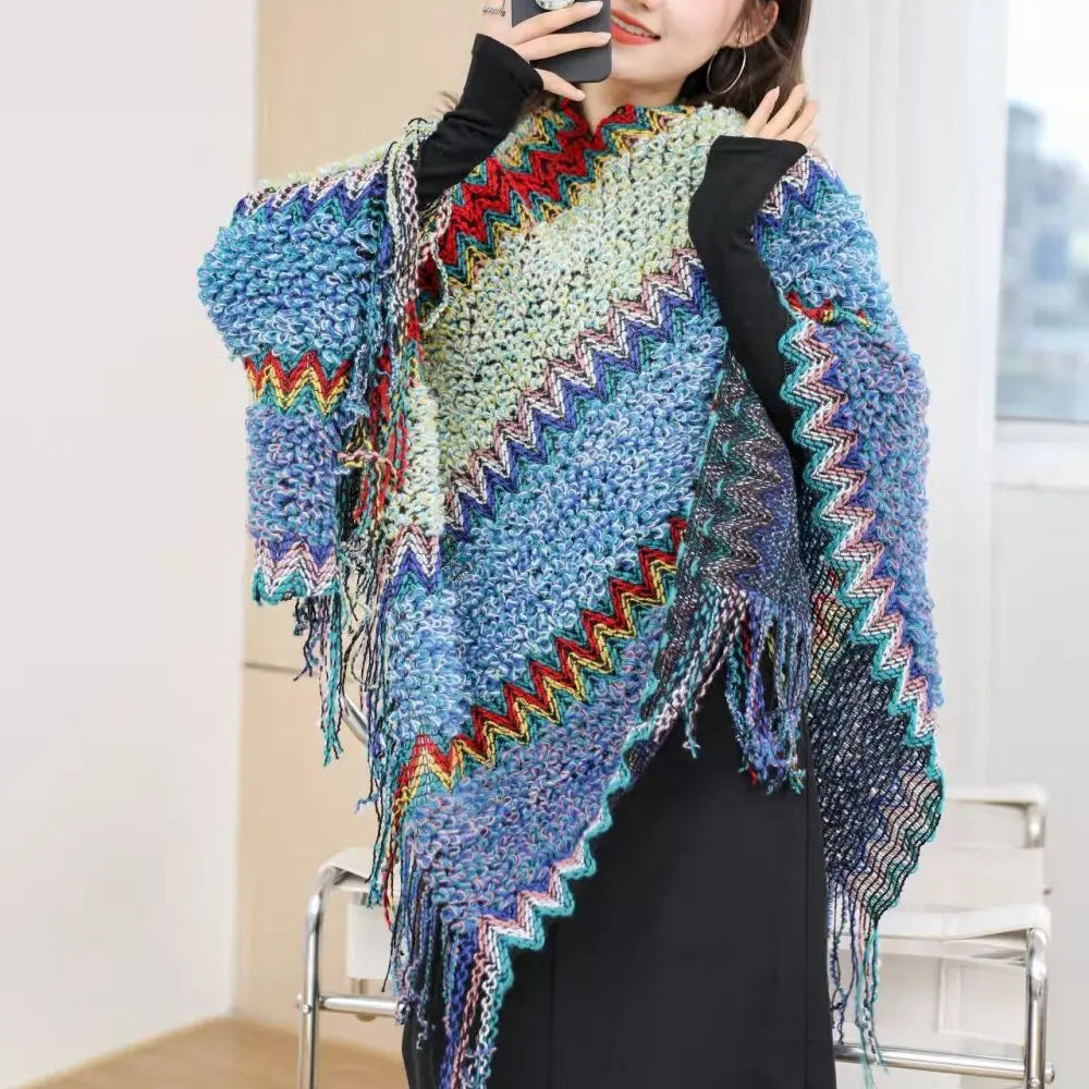 Zigzag Knit Fringe Poncho for Layering over Outfits