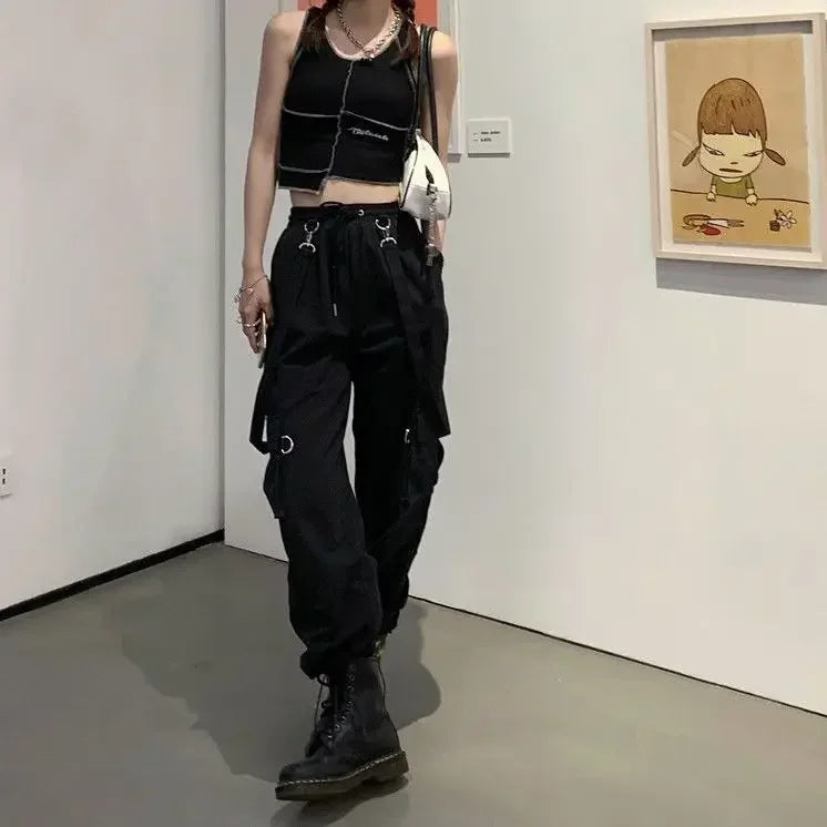 Women's Cargo Joggers with Hanging Straps and Elastic Ankle Cuffs