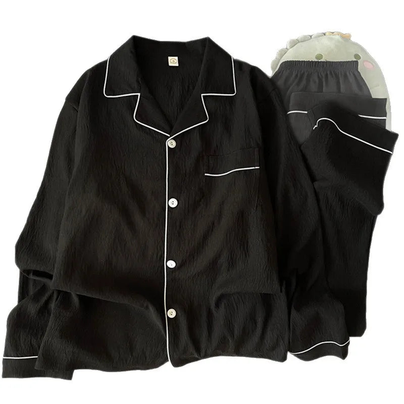 Men's Solid Contrast Trim Button Front Shirt and Pants Pajama Set