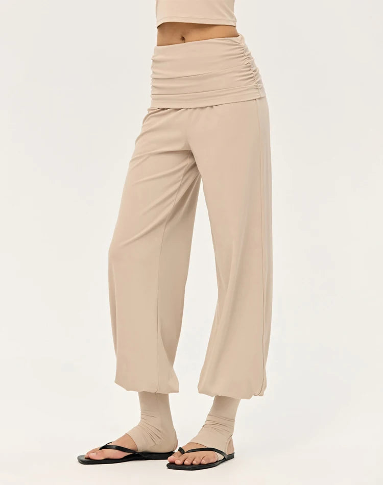 Women's Fold Over Waist Nylon Blend Harem Pants with Loose Legs
