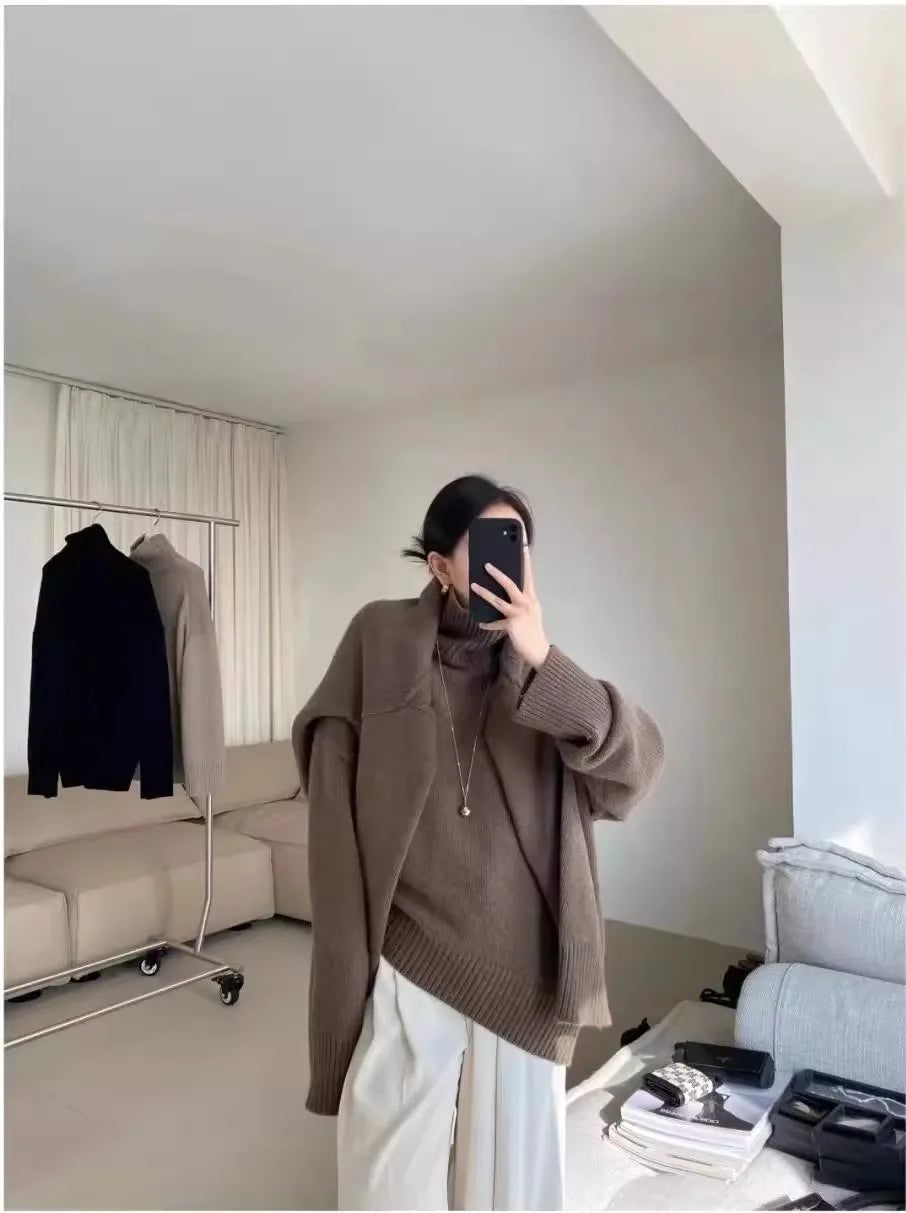 100% pure cashmere sweater for women high-neck sweater loose and thickened silhouette sweater