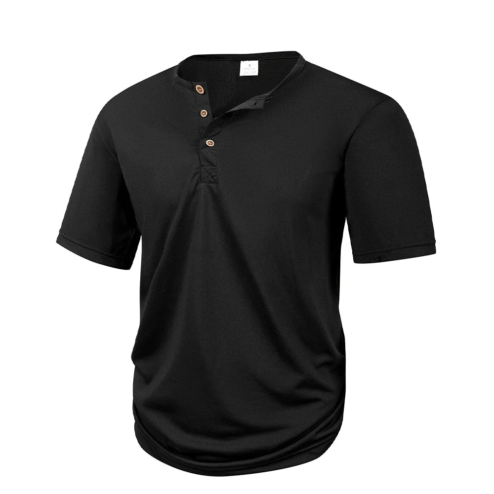 Men's Polyester Solid Short-Sleeve Henley T-Shirt with Button Placket for Casual Outfits