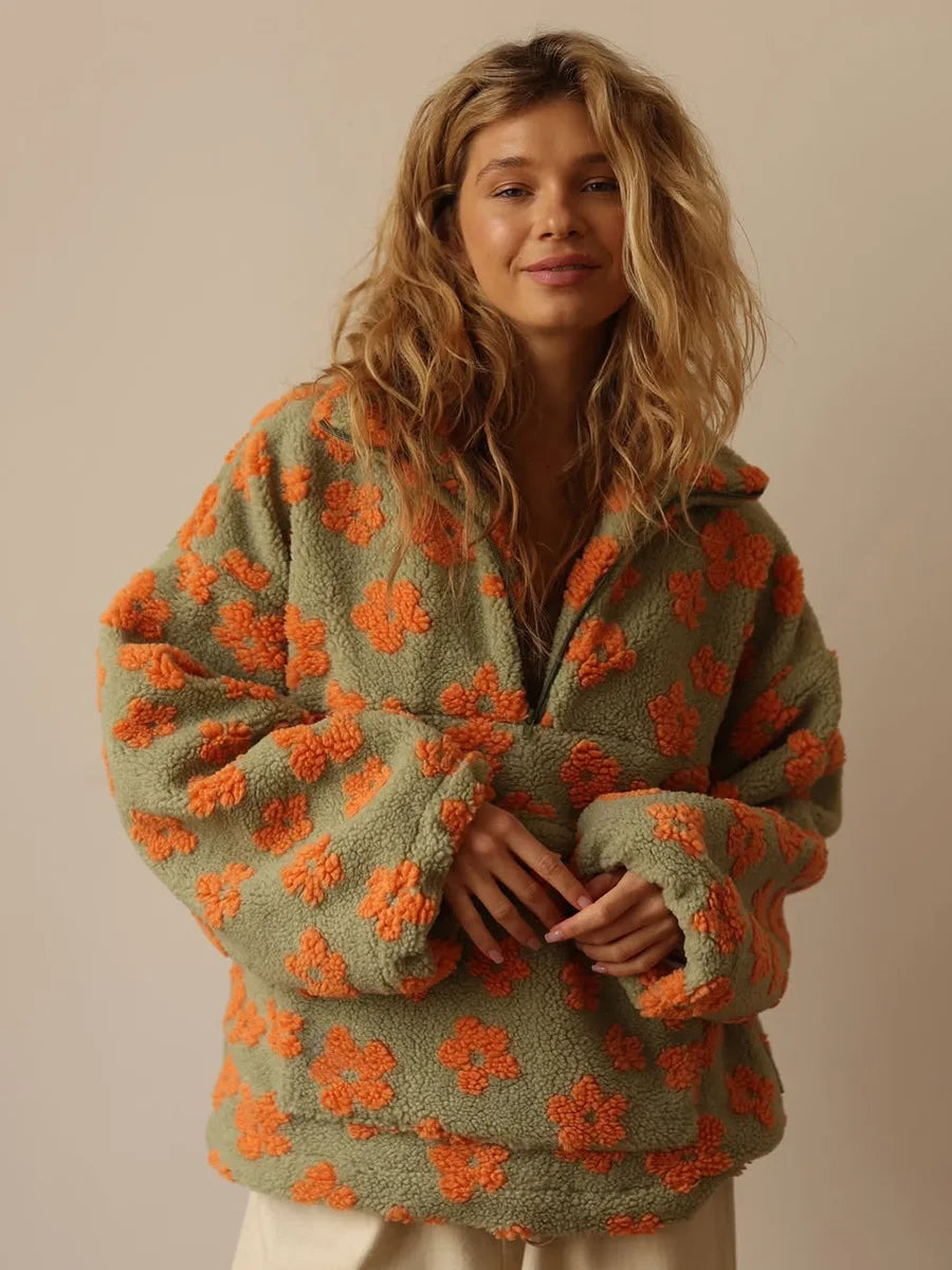 Floral Fleece Stand Collar Half Zip Long Sleeve Sweatshirt