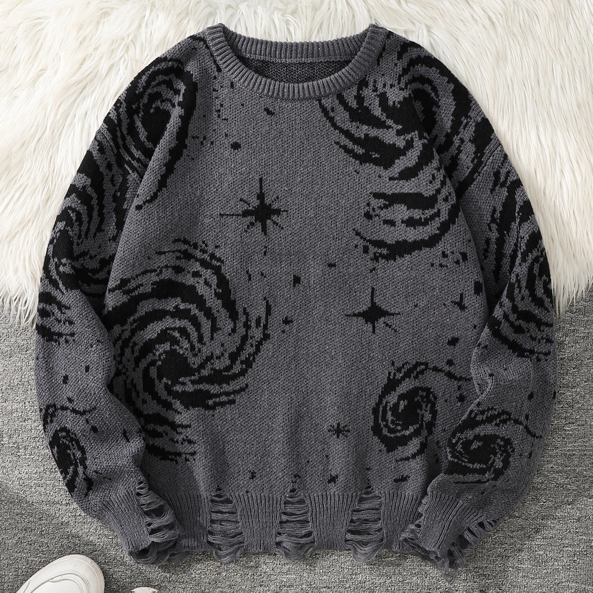 Men's Distressed Graphic Crew Neck Knit Sweater