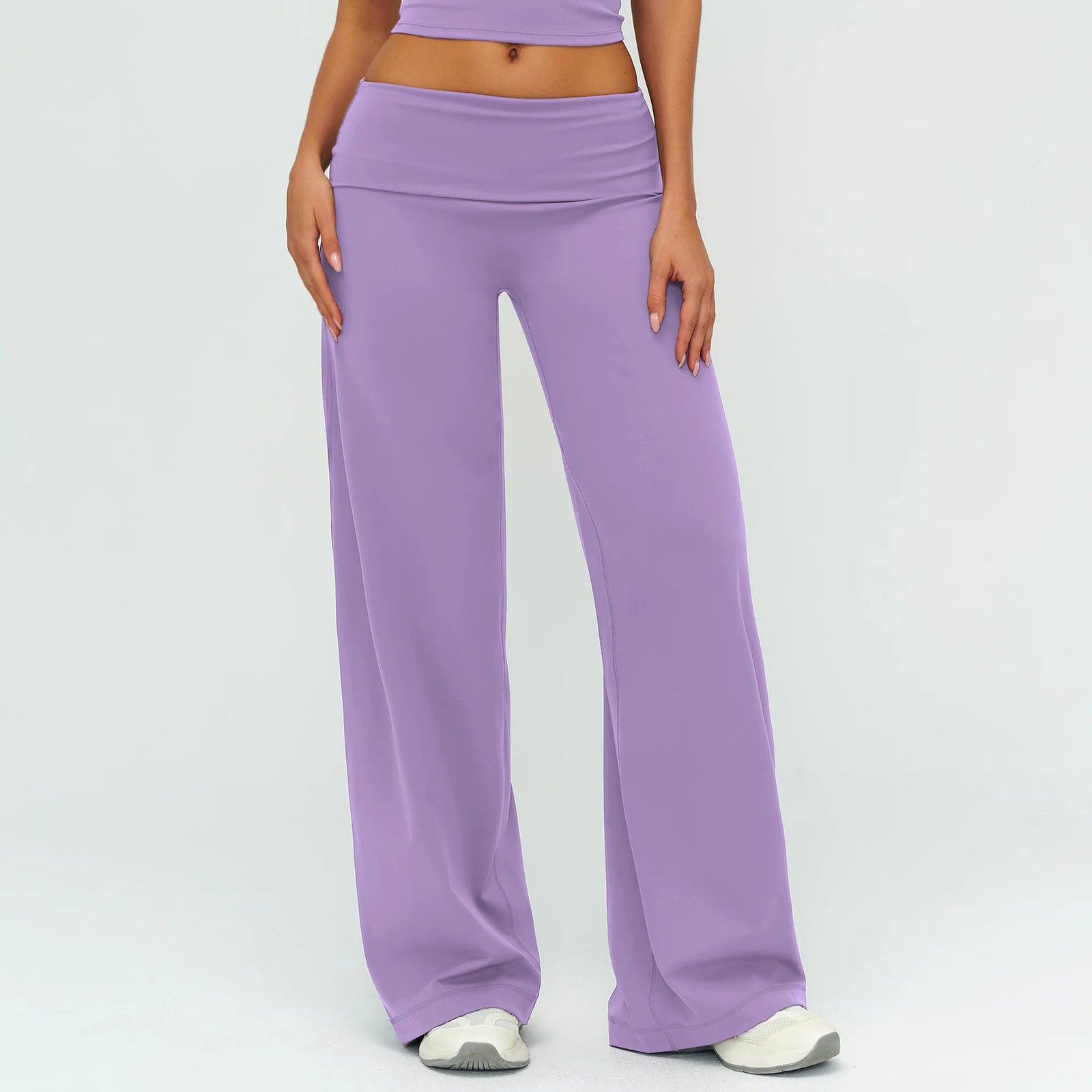 Women's Fold Over Waist Nylon Blend Wide Leg Pants for Casual Activewear