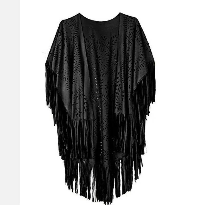 Floral Cutout Long Fringe Cape for Layering over Outfits