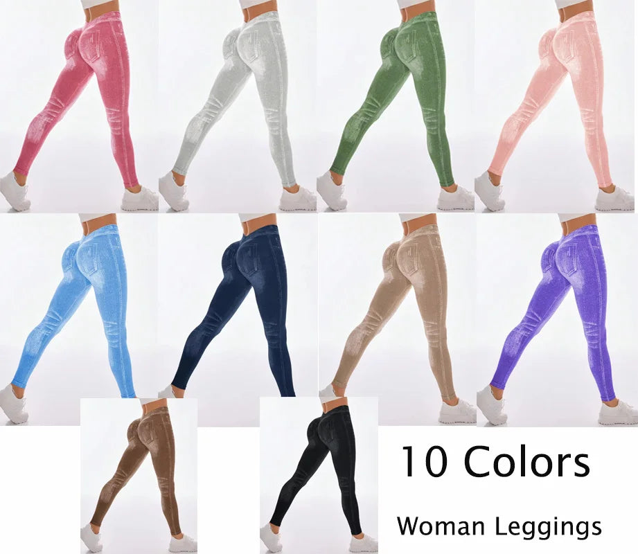 Women's Denim Look Full Length Leggings For Workout Outfits