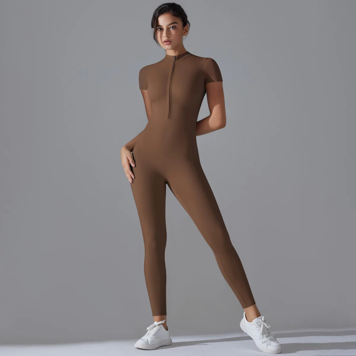 Women's Zip-Front Short-Sleeve Workout Jumpsuit