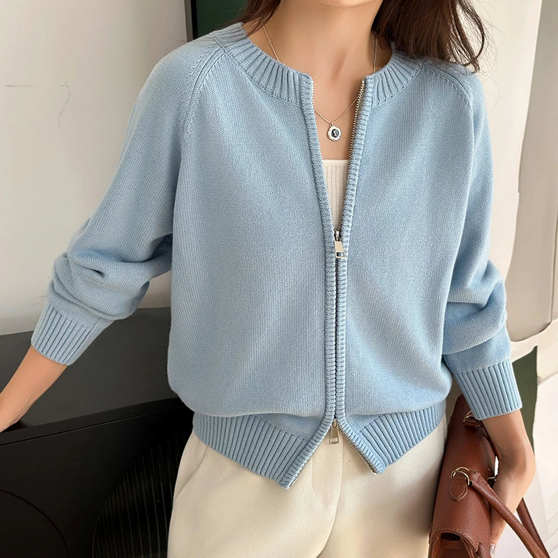 Women's Crew Neck Full Zip Cardigan Casual Knit Layer