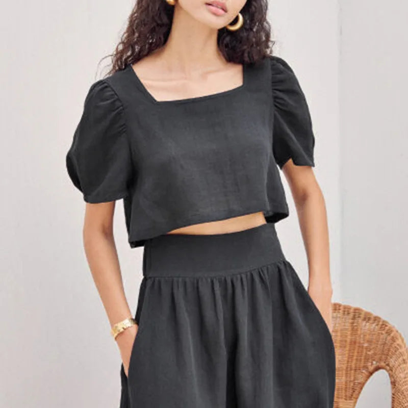 Women's Cotton-Linen Square-Neck Cropped Blouse with Short Puff Sleeves for Summer Outfits