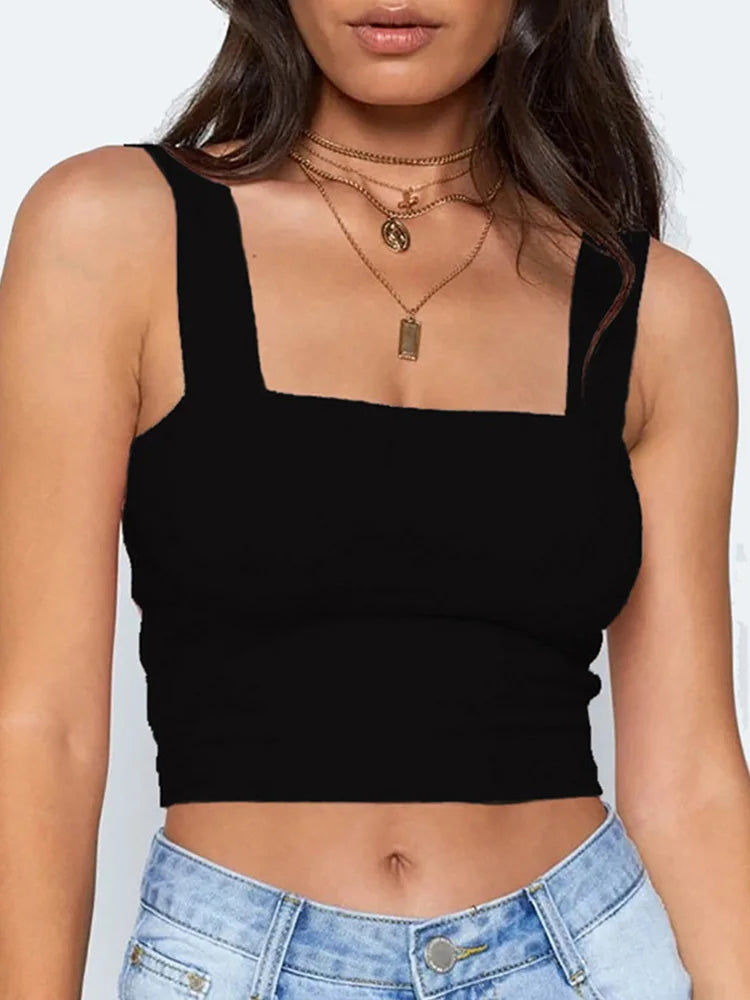 Women's Square Neck Crop Top with Wide Shoulder Straps and Cropped Length