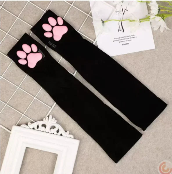 Long Fingerless Paw Gloves with Decorative Pink Pads