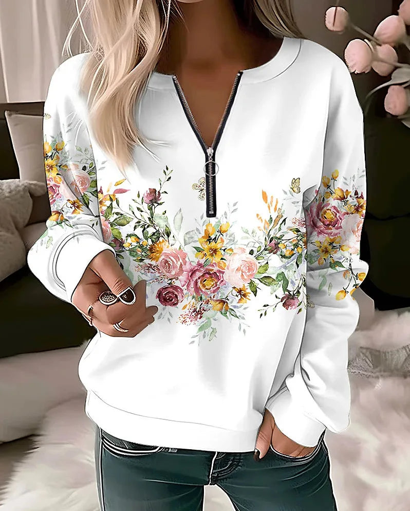 Floral Long Sleeve Full Zip Casual Hoodie for Layering