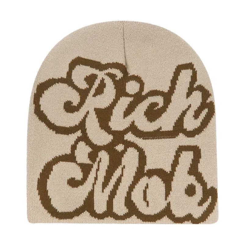 Graphic Knit Beanie with Letter and Pattern Style Options