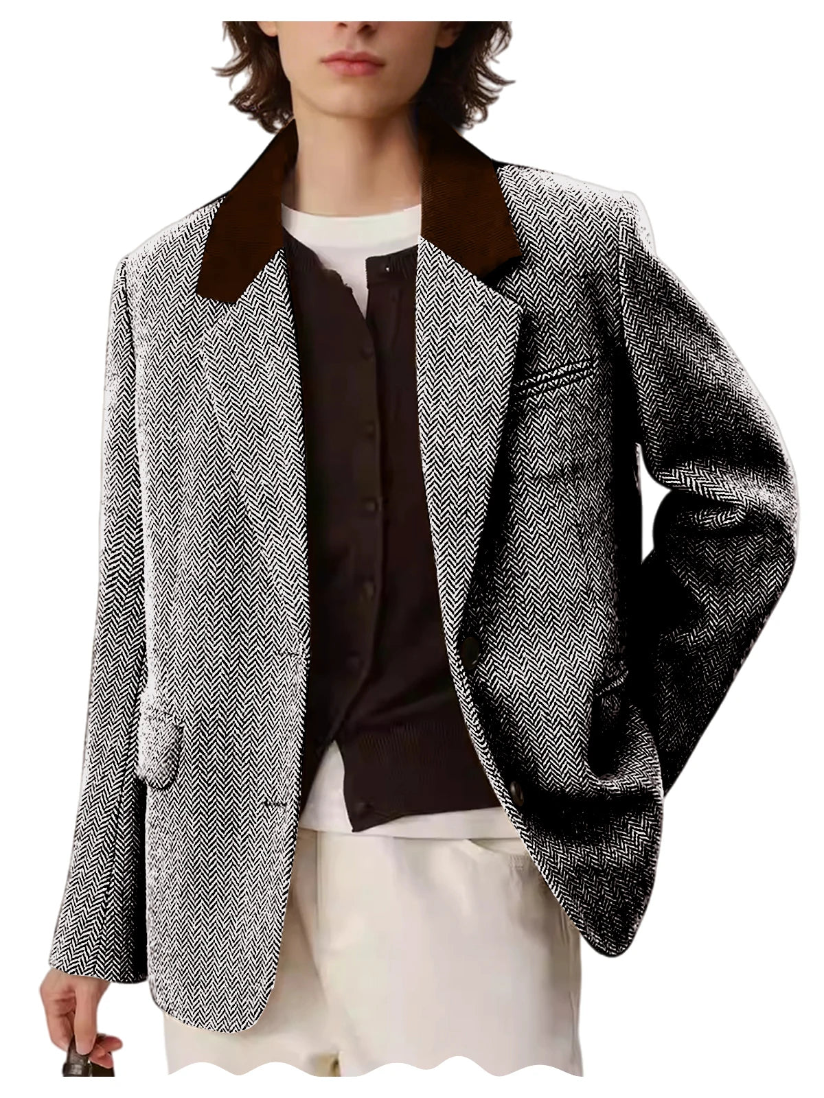 Men's Herringbone Two-Button Notch-Lapel Blazer with Contrast Collar