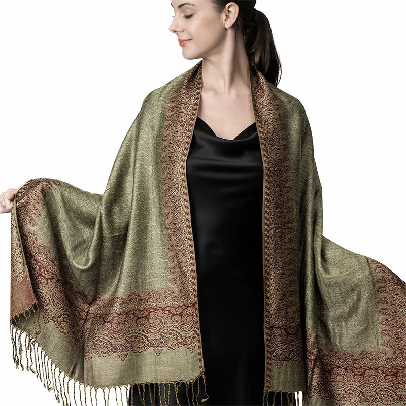 Paisley Floral Print Long Scarf with Fringed Ends