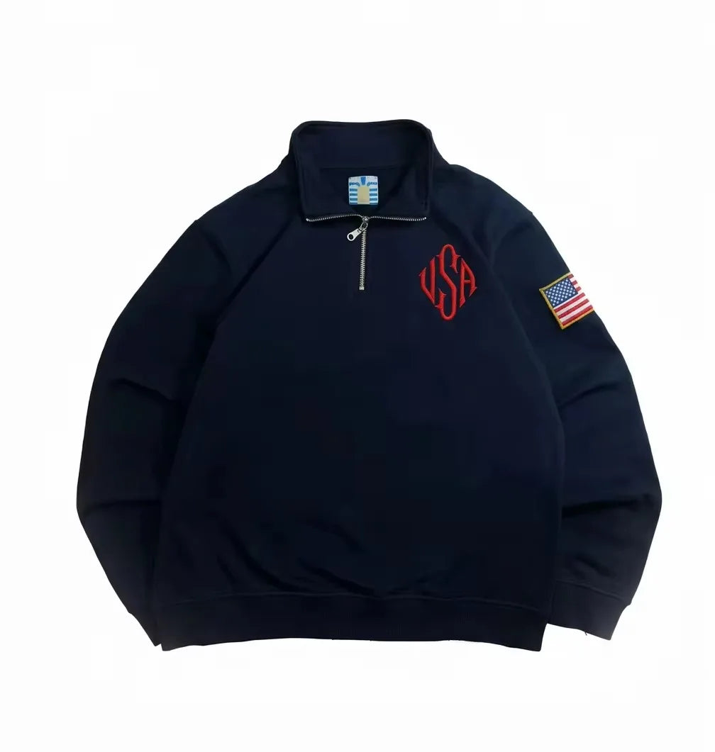 Cotton Flag-Embroidery Stand-Collar Quarter-Zip Sweatshirt