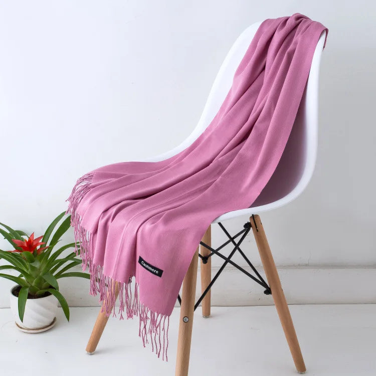 Solid Long Rectangular Scarf with Fringed End Trim
