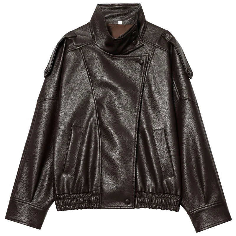 Women's Stand Collar Faux Leather Zip Front Jacket for Layered Outfits