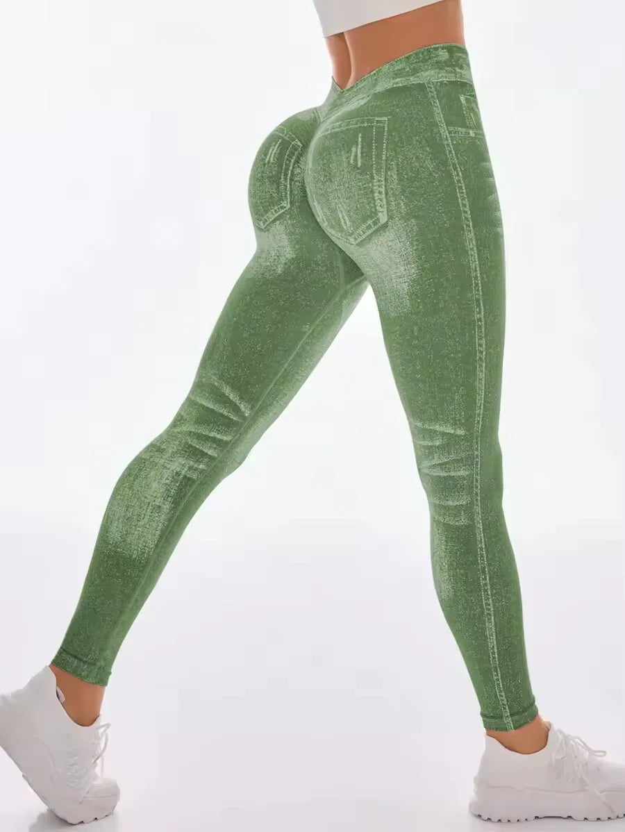 Women's Denim Look Full Length Leggings For Workout Outfits
