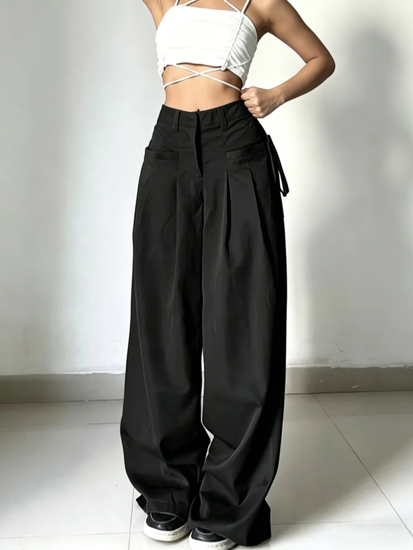 Women's Black Wide Leg Pants with Pleats and Side Waist Ties