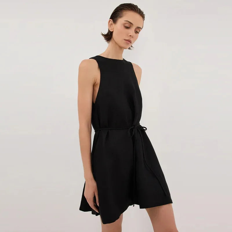 Women's Linen Sleeveless Loose Mini Dress with Waist Tie and Zipper Closure
