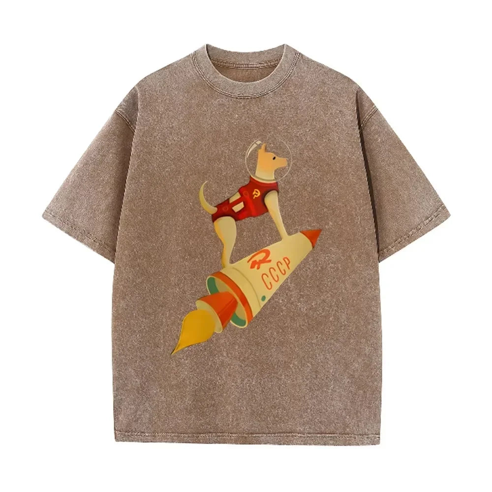 Vintage Washed Gray Tshirt CCCP Laika Space Dog Rocket Cartoon Print Loose Short Sleeve Retro Soviet Casual Tee