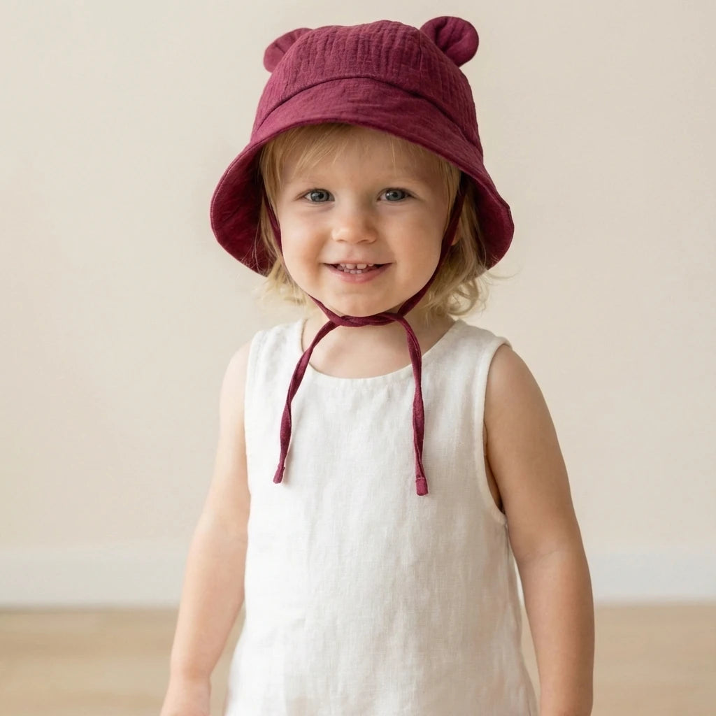 Children's Bucket Hat with Decorative Ears and Chin Ties