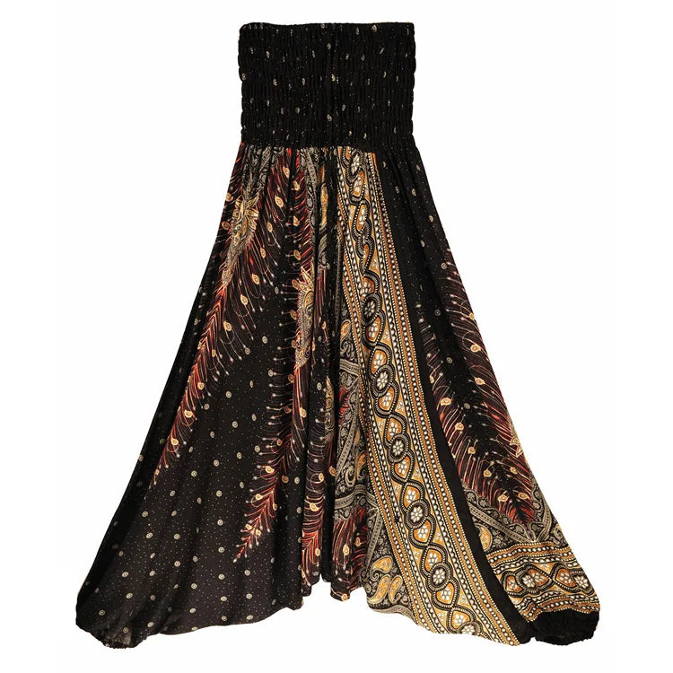 Women's Printed Nylon Harem Pants with Smocked Waist and Convertible Styling