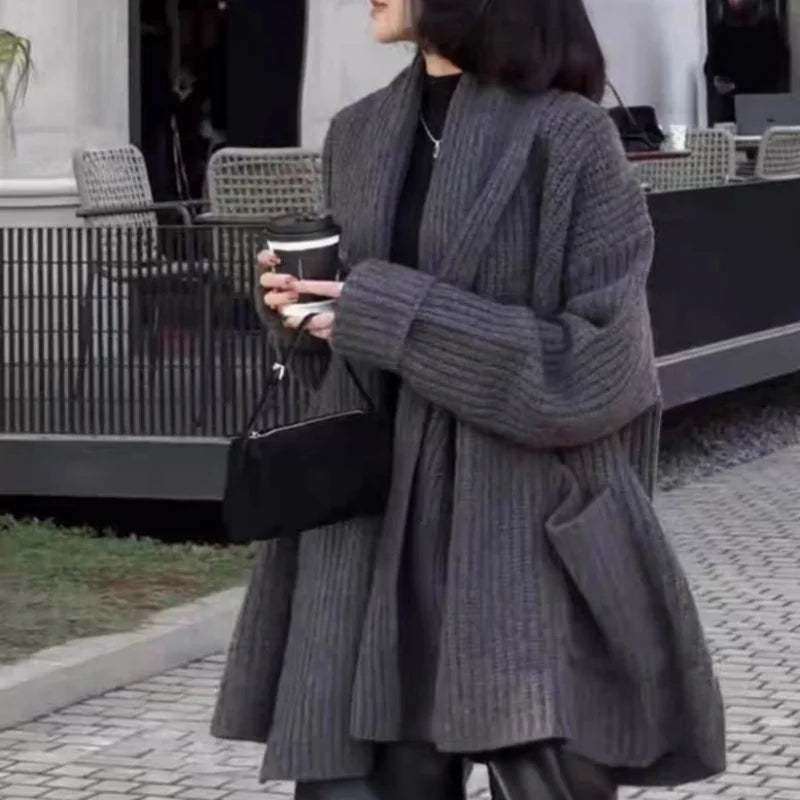 Autumn/Winter Thickened 100% Pure Wool Women's Turn-down Collar Knitted Cardigan Loose Sweater Coat Top Mid-long Length