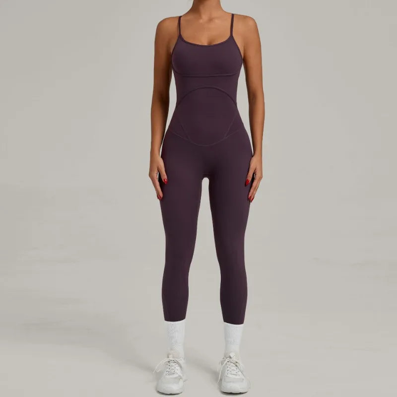 Women's Cross Back Workout Jumpsuit with Thin Straps and Fitted Long Legs