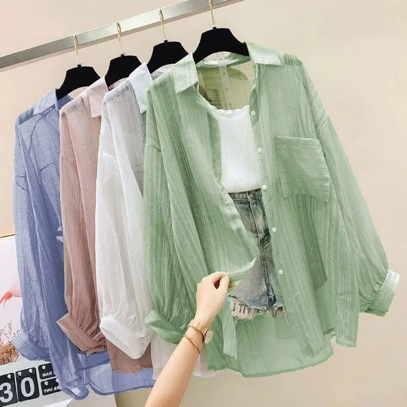 Women's Sheer Collared Long Sleeve Button Front Shirt