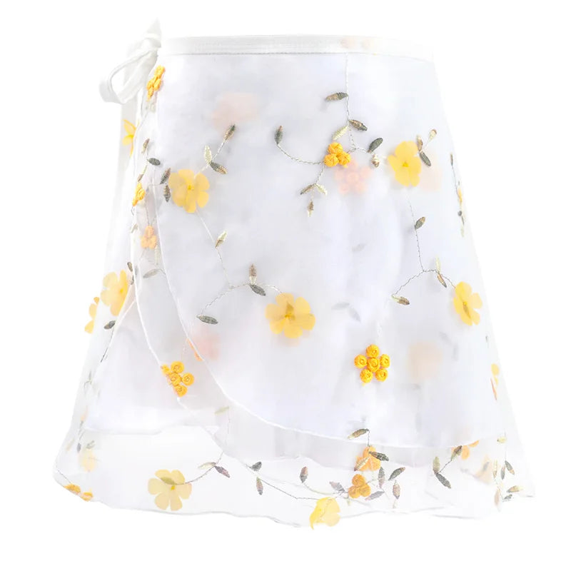 Women's Floral Embroidered Ballet Wrap Skirt with Two Layer Mini Design
