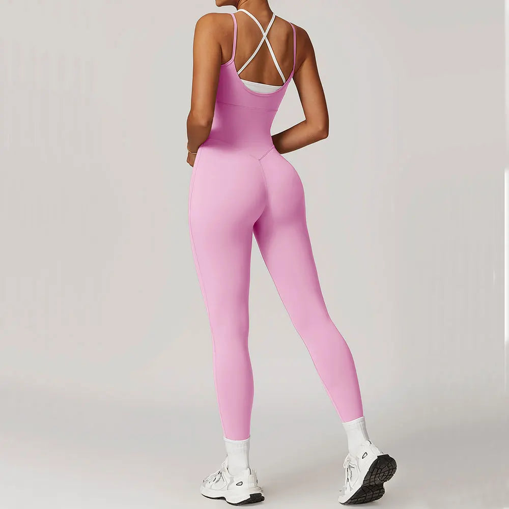 Women's Cross Back Nylon Blend Workout Jumpsuit with White Trim and Long Legs