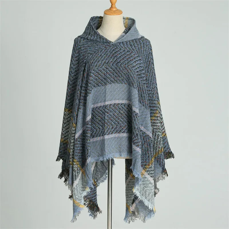 Hooded Stripe Fringe Poncho for Layering over Outfits