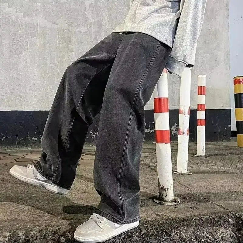 Men's Loose Straight-Leg Elastic-Waist Full-Length Jeans