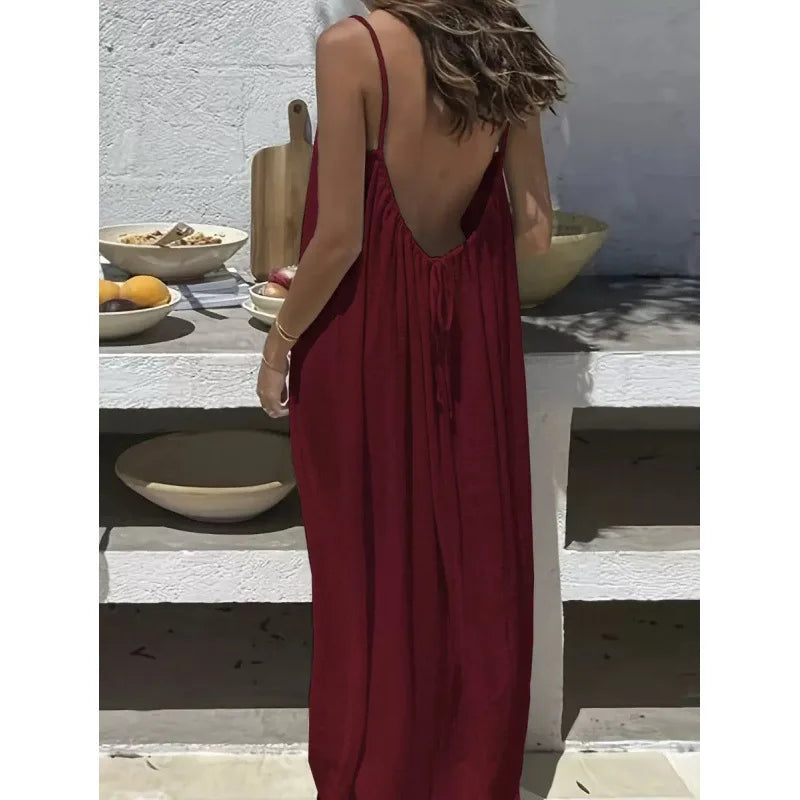 Women's Loose V Neck Spaghetti Strap Maxi Dress For Casual Outfits