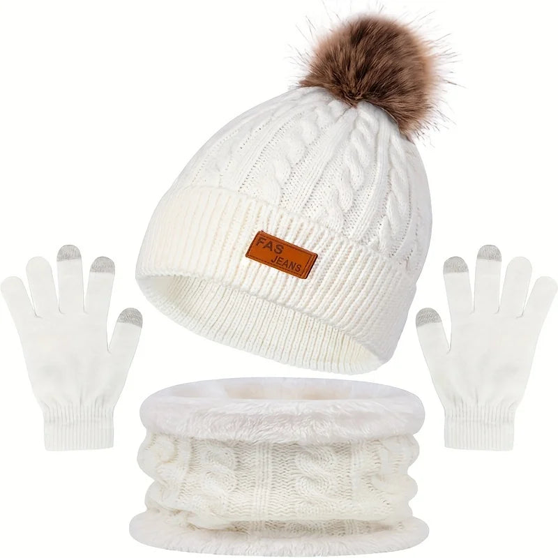 Knitted Hat Scarf and Touchscreen Gloves Set for Outdoor Winter Wear