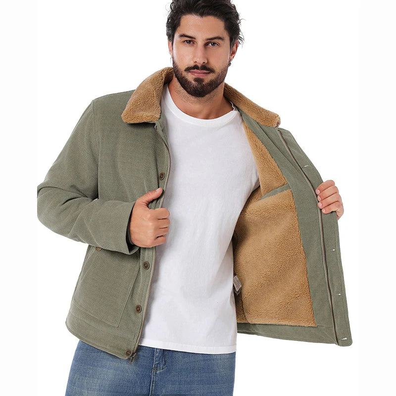 Men's Winter Corduroy Jacket Fleece Warm Lined Cargo Work Jacket Casual Thick Sherpa Collar Trucker Deck Navy Coats