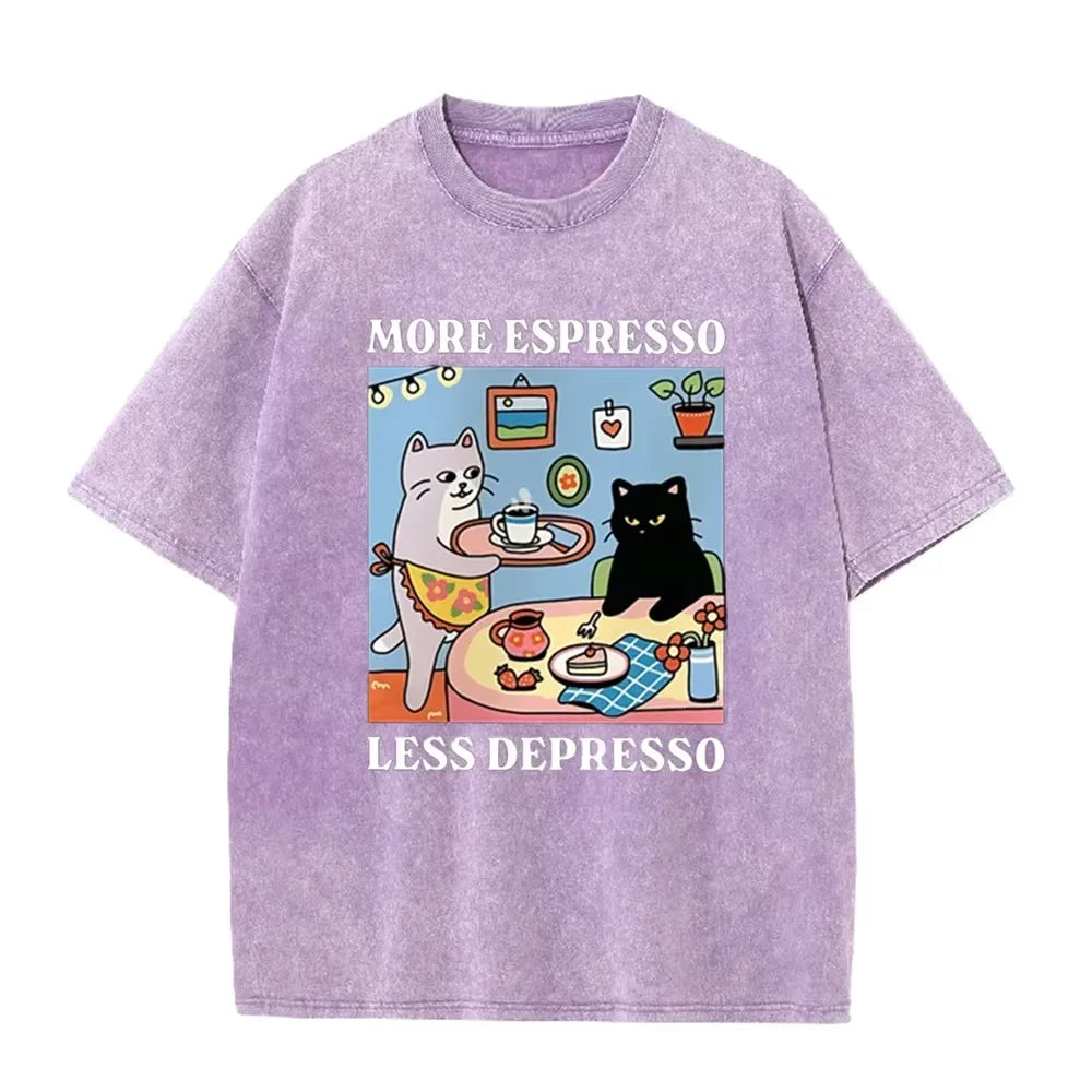 Vintage Black Cat Coffee T Shirt More Espresso Less Depresso Graphic Acid Wash Tee