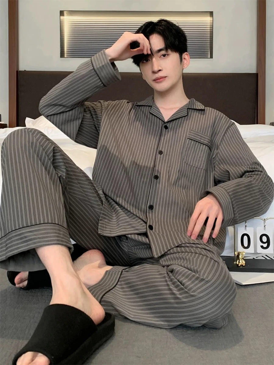 Men's Printed Button Front Long Sleeve Shirt and Pants Pajama Set